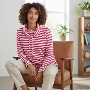 Chico’s Zenergy Pink White Striped Long Sleeve Cowlneck Top Large